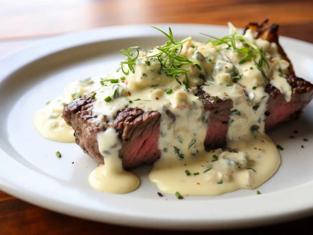 Angus Sirloin Steak topped with a delightful gorgonzola cream sauce from the Coral Reef Restaurant at EPCOT