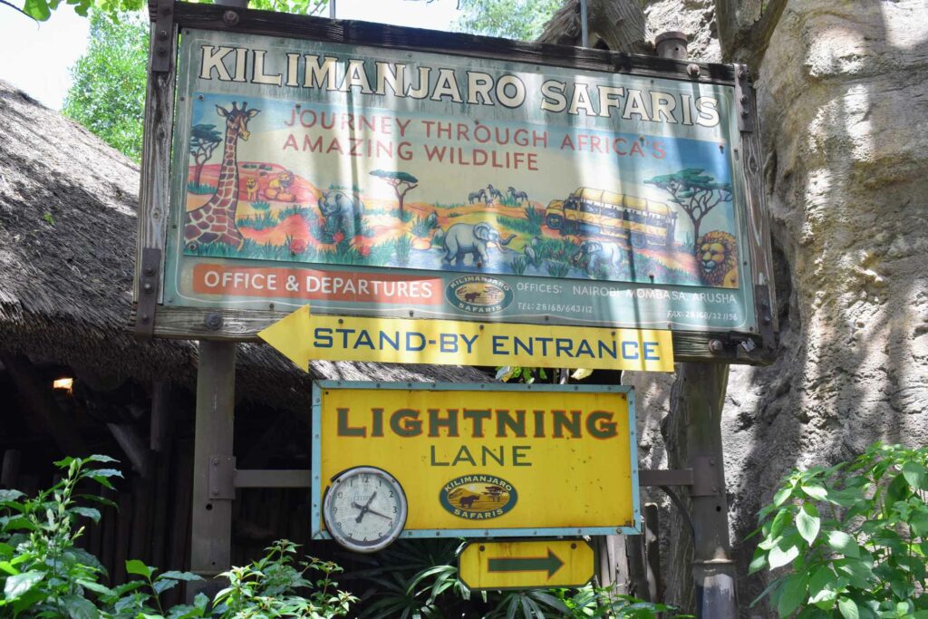 Lighting Lane queue entrance sign for Kilamanjaro Safaris at Animal Kingdom