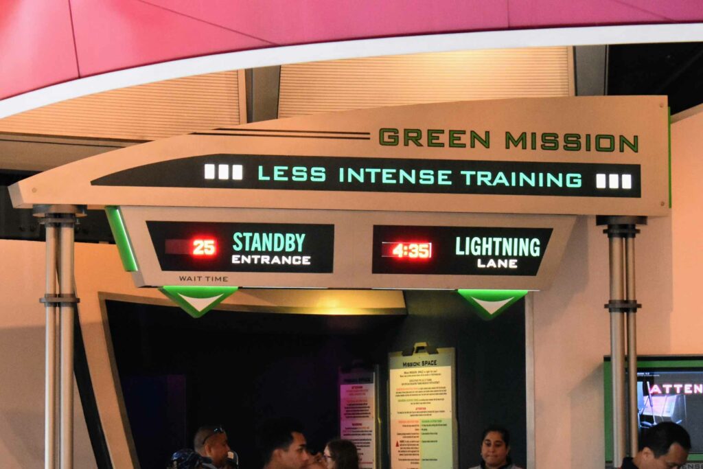 Lighting Lane queue entrance sign for Mission Space at EPCOT