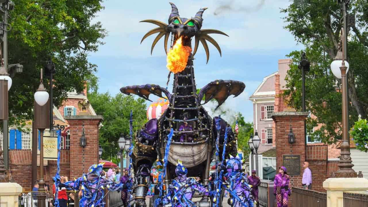 Maleficent the fire-breathing dragon float in the Disney Festival of Fantasy Parade.