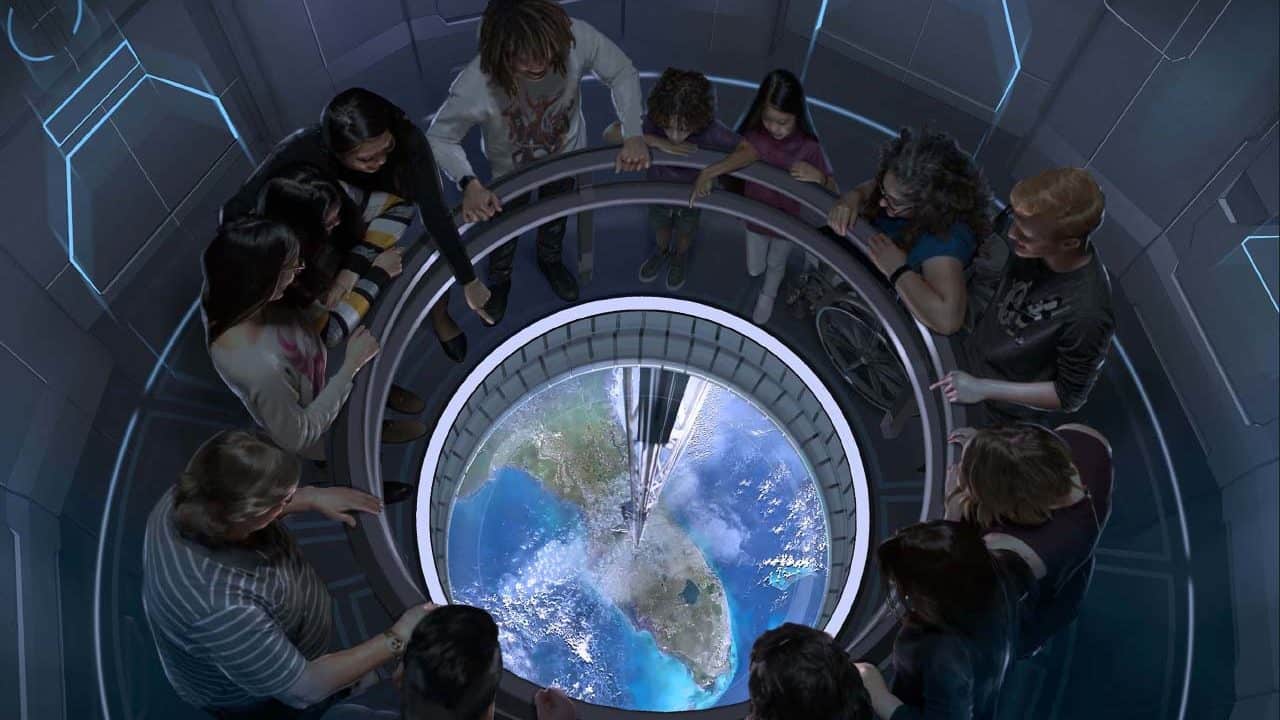 Guests will travel to space in a space elevator 220 miles above Earth to dine at the new Space 220 restaurant.
