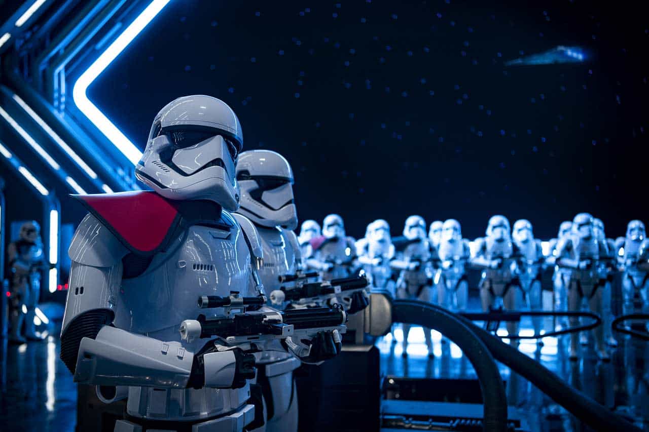 Stormtroopers in Star Wars: Rise of the Resistance. Credit Disney