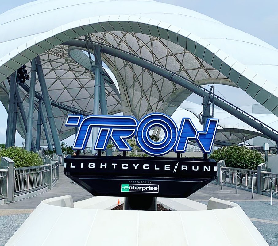 TRON Lightcycle Run marquee entrance sign