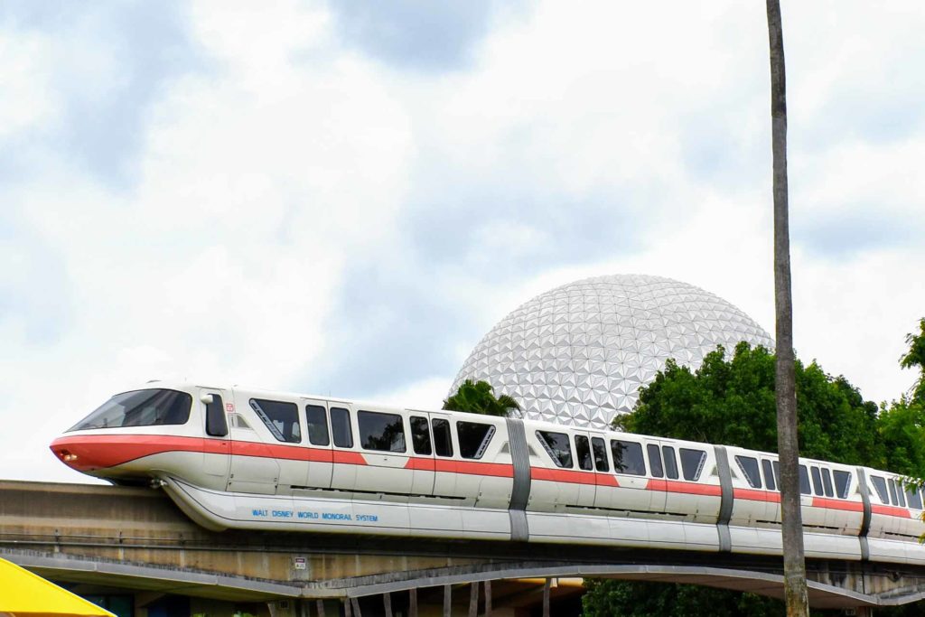 Coral Monorail in front of Spaceship Earth - EPCOT